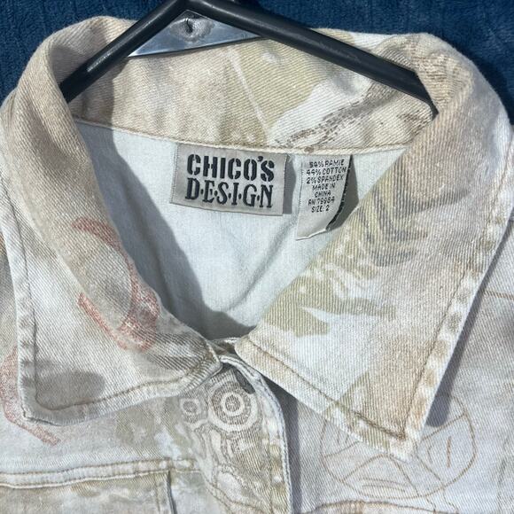 Vintage Chico's 90's‎ Design Tribal Printed Beige Denim Jacket Womans Size 2 - Picture 2 of 8